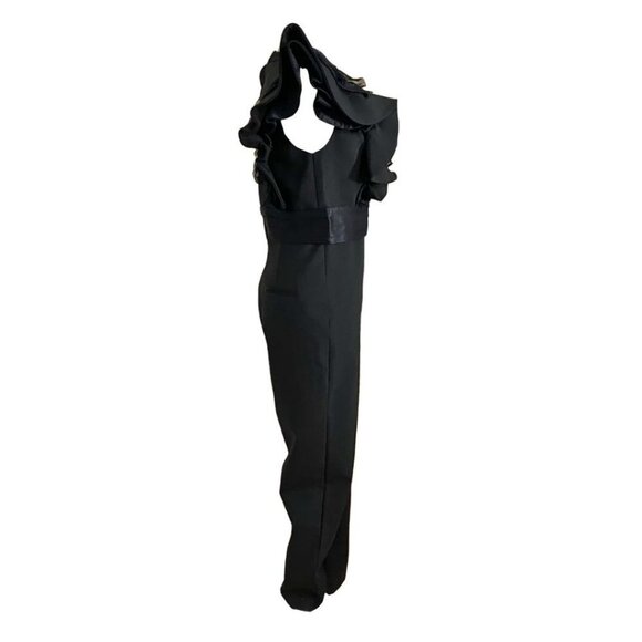 ZARA BLACK RUFFLE V-NECK SATIN WAISTLINE JUMPSUIT STYLE 8758/413/800 - S - Picture 4 of 12